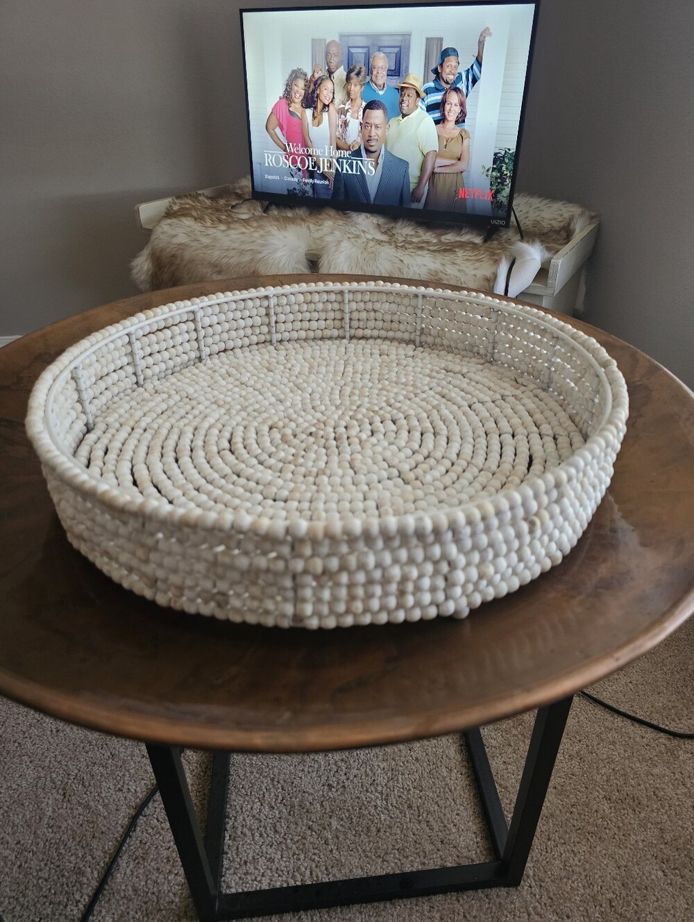 Handcrafted White Beaded Decorative Tray - Home Accents